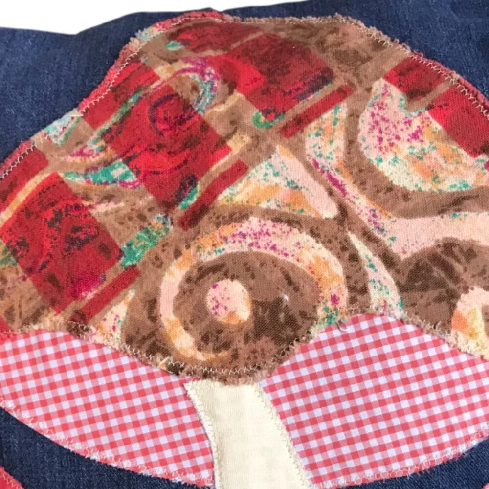 Mushroom Pillow Cover Handmade 18 x18 Whimsical Fungi Cottagecore Recycled Denim - Picture 6 of 9